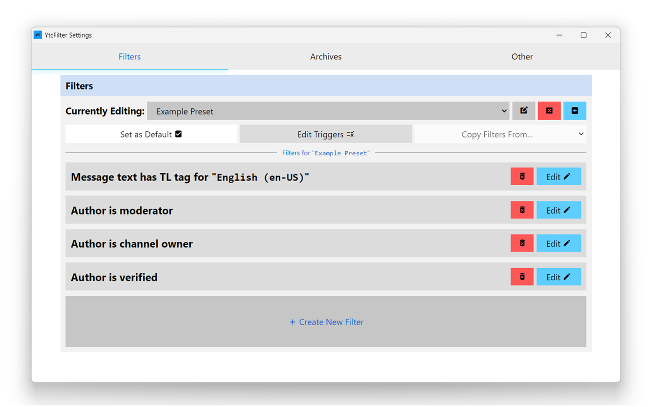 YtcFilter settings screenshot